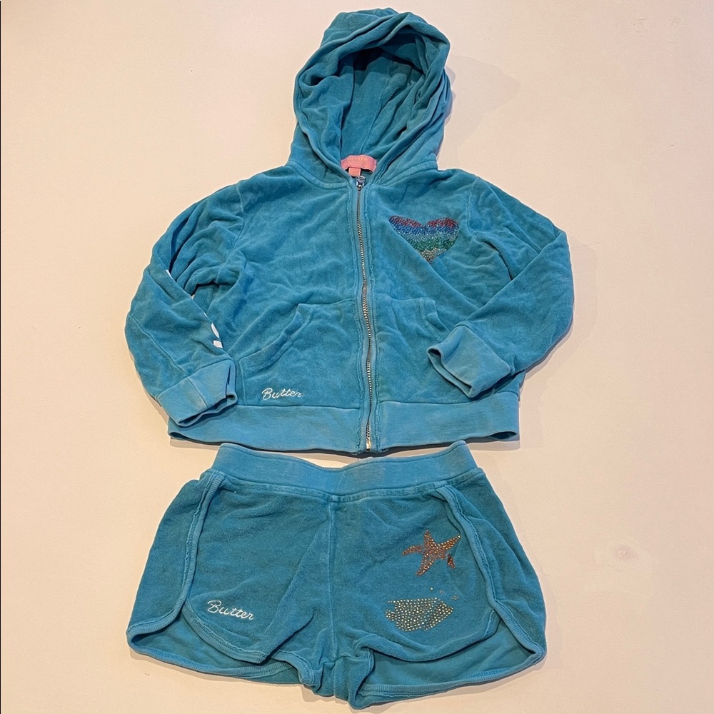 Butter Teal Velour Hoodie and Shorts Set